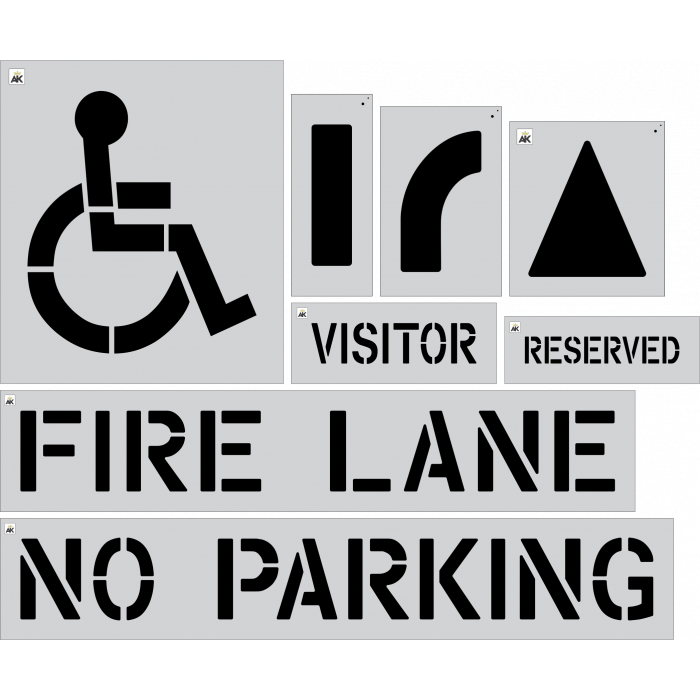 4 NO PARKING and 4 FIRE LANE Parking Lot Stencils CENTERED. 1/16 LDPE  Mat'l.